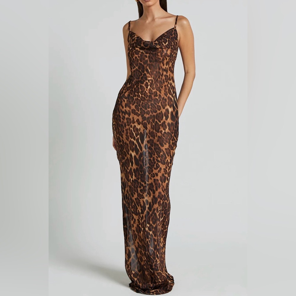 12th Tribe Leopard Print Slip Maxi Dress in Brown and Black